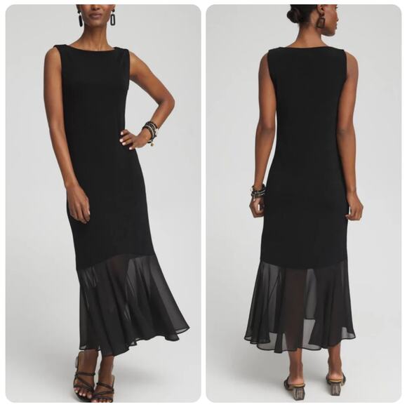 Chico's Travelers Size 1 Sleeveless Black Chiffon Hem Midi Dress Size Medium - Picture 1 of 14